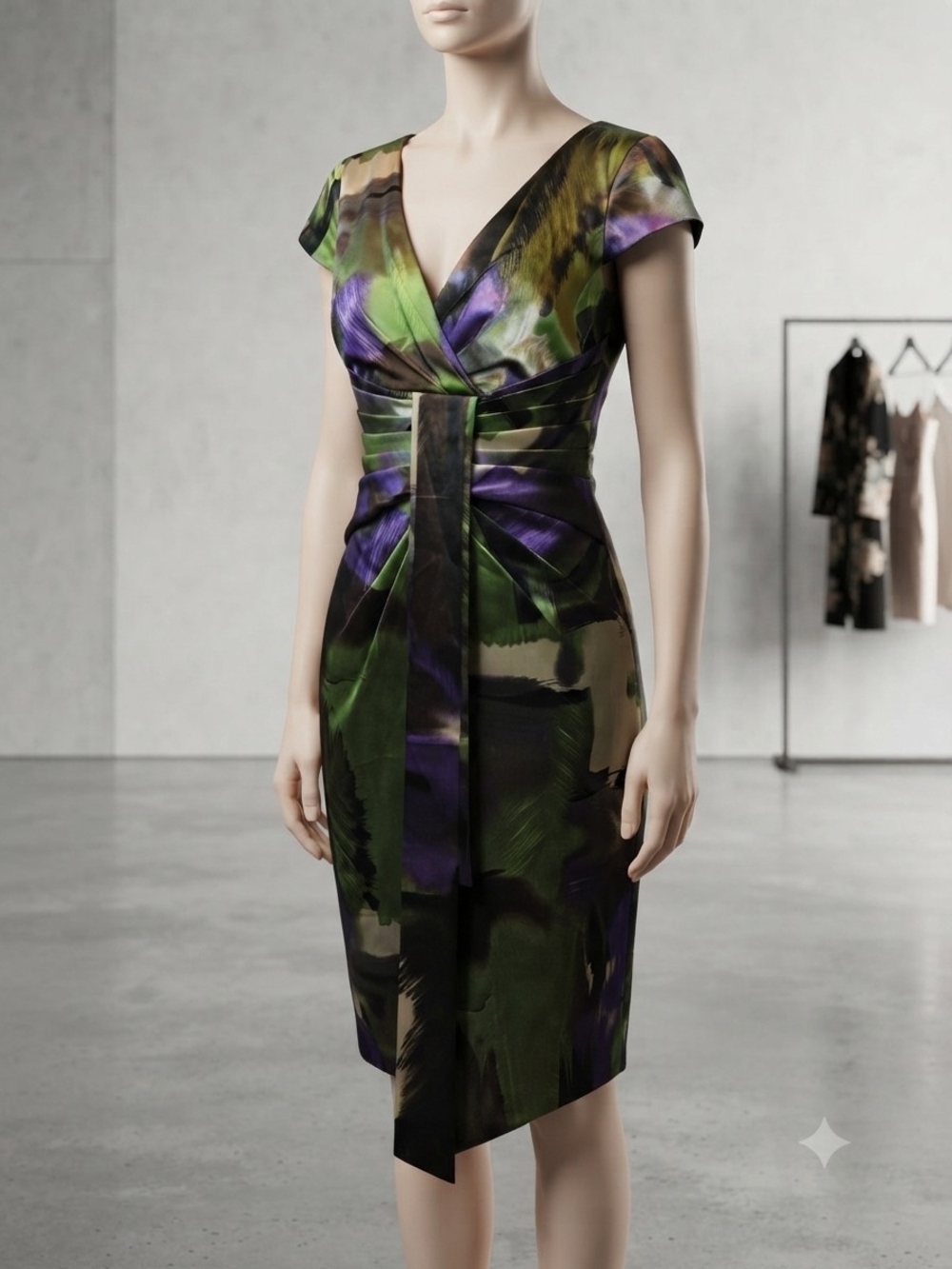 Maggy London Green & Purple V-Neck Ruched Sheath Dress Size 10